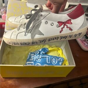 Golden Goose Kids White and Red Sneakers with Gray Laces